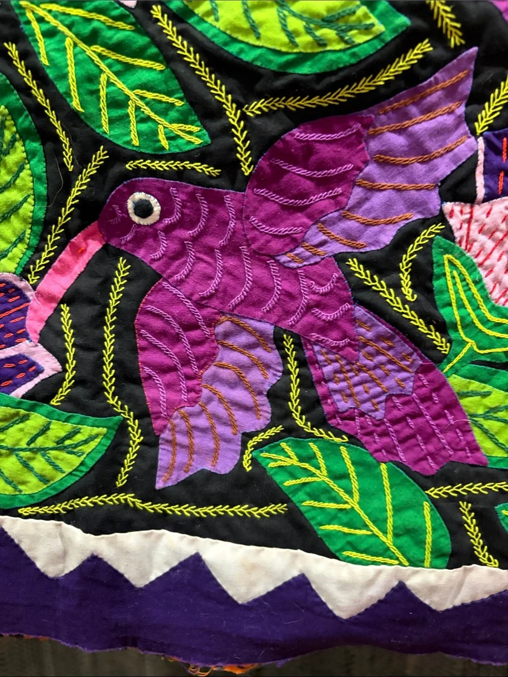 Mola fabric art San Blas Panama Kuna 3 Hummingbirds hand made 26x21”